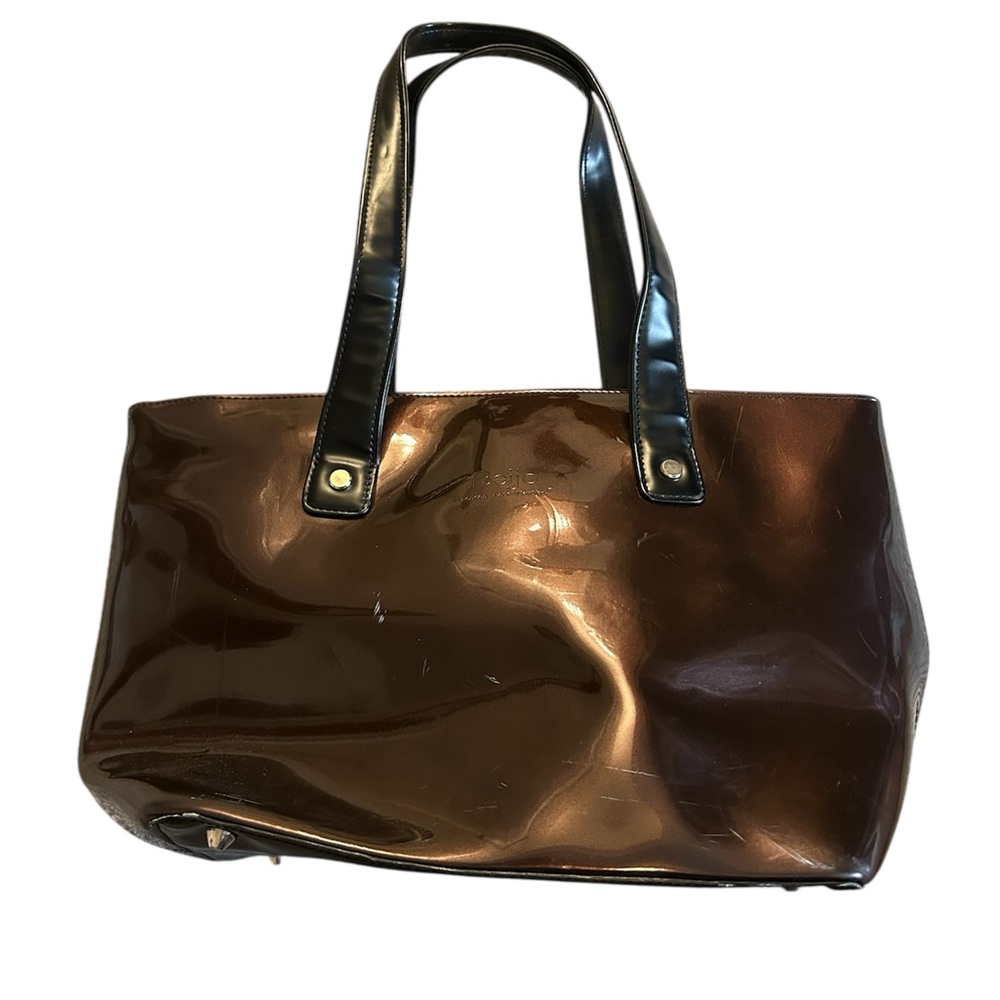 Beijo London Double Strap Handbag Tote Brown Bronze Patent Leather
